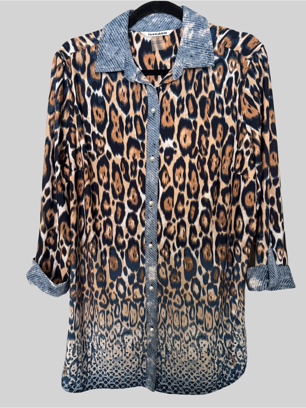 Nygård Leopard Print Button Front Tunic sz L Pearl Buttons Blue Denim Look Trim
